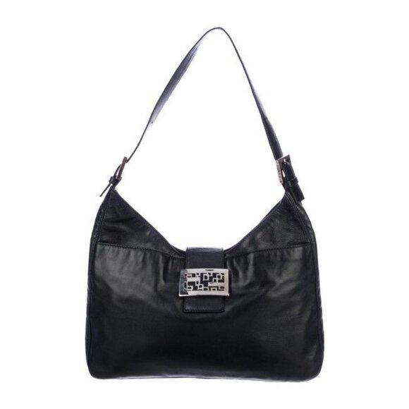 Fendi Black Leather Shoulder Bag Hobo w V Shaped Style enamel FF Clasp Satchel - Picture 1 of 11